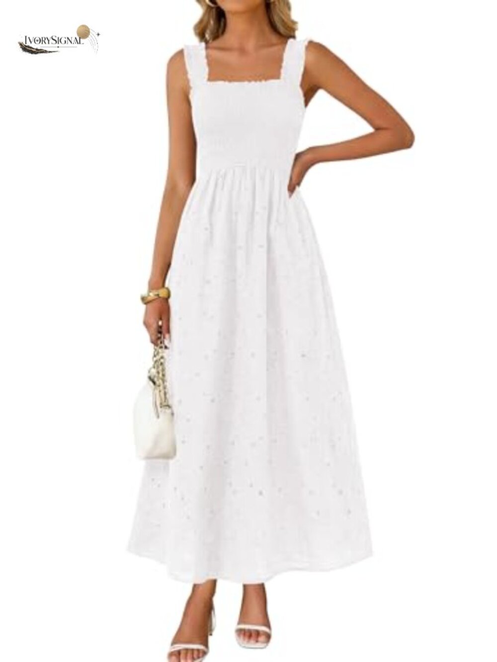 Lace Maxi Dress Sleeveless Eyelet Sundress Smocked Waist Cotton